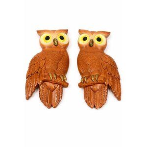Chalkware Owls Pair Set 2 Wall Hanging Miller Studios Vintage Mid Century Boho